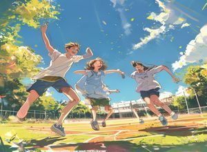 18漫画校园青春系列封面，阳光下青春男女在操场嬉戏，色调明快温暖充满活力