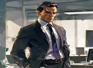 18漫画职场社会系列封面，西装革履的主角在现代办公室背景下神情坚定，画风写实感强